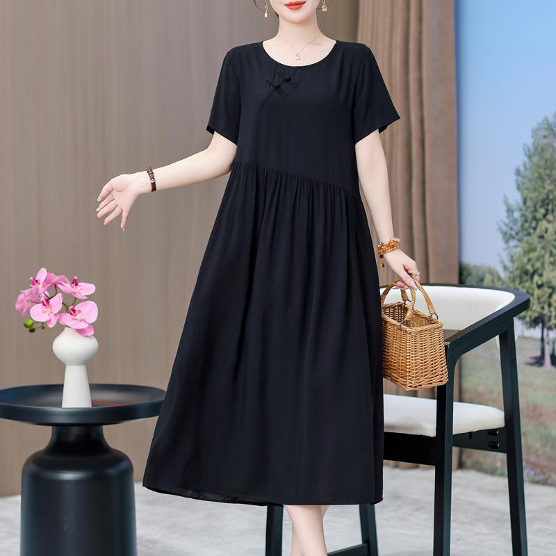 Elegant Dresses for Women Plus Size Loose Casual Vintage Print Long Dress With Sleeves Summer Middle-aged Women's Clothing