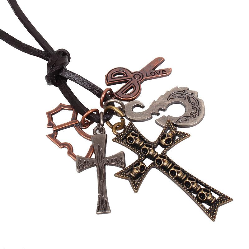 

JMXD-Vintage Copper Pendant Cowhide Necklace Metal Skull Cross Small Scissors Multi-element Necklace Handwoven