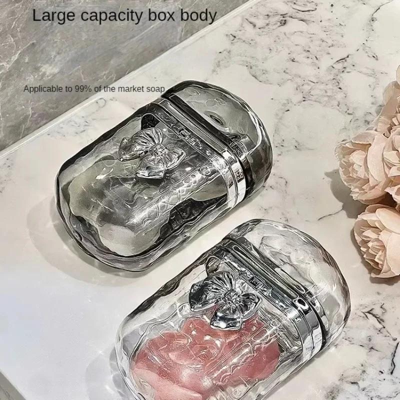 Caixa de Sabão de Viagem com Bandeja Drenante Transparente Ondas d'Água Artigos de Banho Mini Estojo Portátil para Armazenamento de Sabão Tampa Selada Duas Camadas