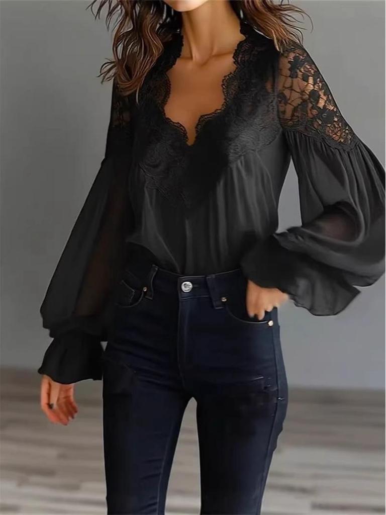 2026 Lace Patchwork Puff Sleeve Pleated Women's Shirt