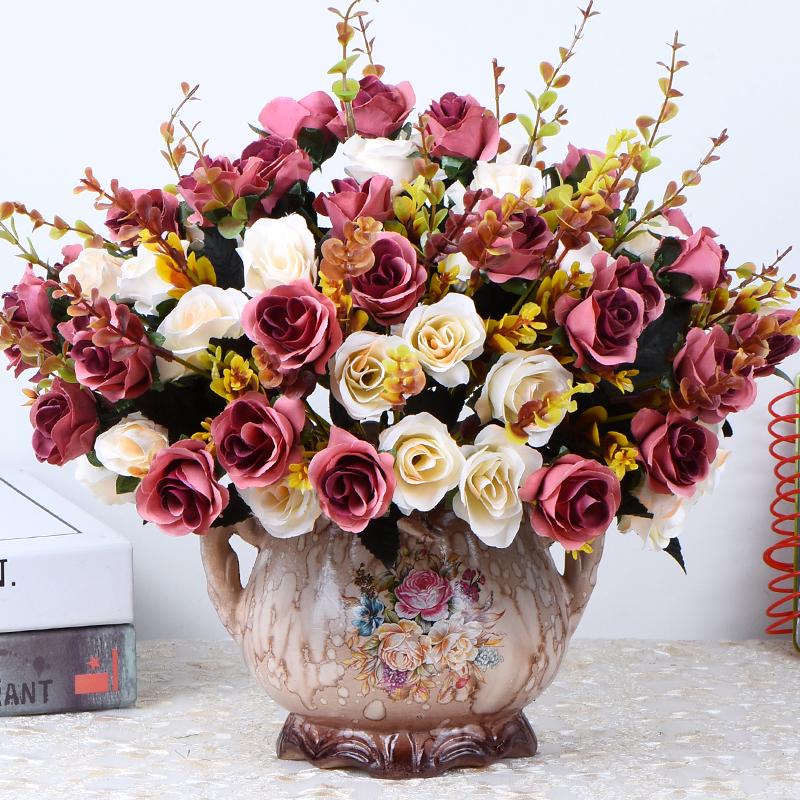 European Rose Silk Floral Arrangement - Artificial Bouquet for Living Room & Dining Table Decor