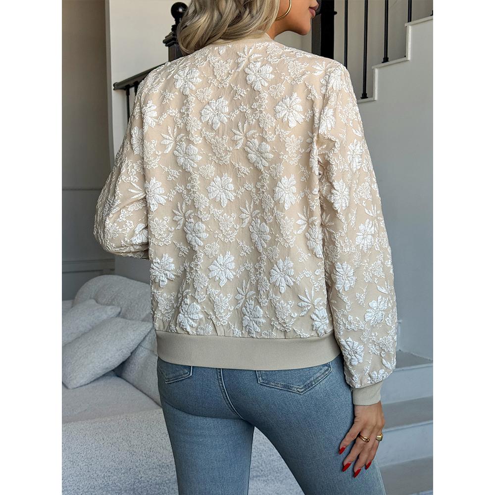 Women's Floral Bomber Jacket Trendy Fall Long Sleeve Zip Cropped Sweatshirt Casual Coat Sweater Outwear