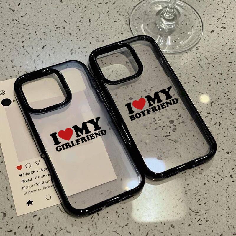 Cute I Love My Boyfriend Girlfriend Couple Phone Case For iPhone 15 13 16 14 17 12Mini 11 Pro Max XS XR 7 8Plus Clear Hard Cover
