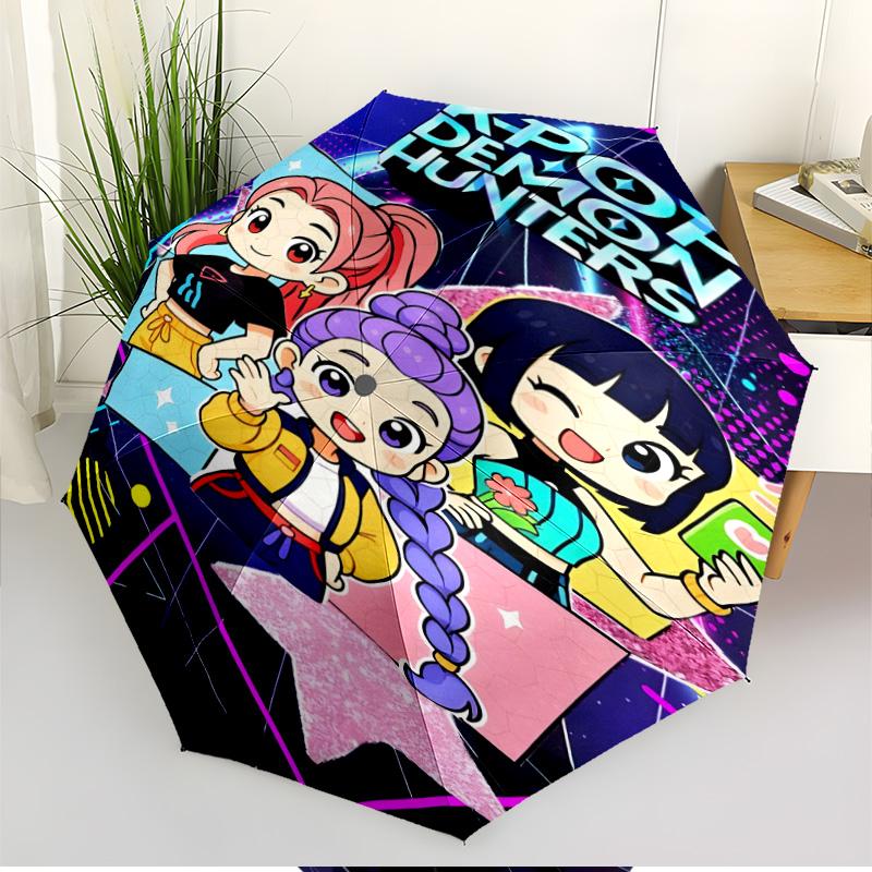 Ombrello Automatico Apri e Chiudi con Stampa KPop Demon Hunters, Ombrello Pieghevole Portatile, per Viaggi all'Aperto, Pendolarismo, Campeggio, Regalo di Compleanno Ideale