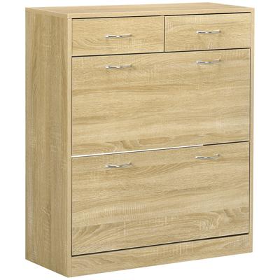 Shoe Cabinet 2 Drawers and 2 Flip-down Doors with Adjustable Shelf 80 X 30 X 91.5 Cm Aluminium Handles Natural