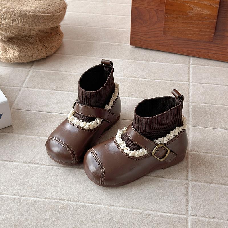 

Korean-style girls fleece-lined sock boots, new winter stylish and warm children s short boots, lace princess leather boots 21 коричневый
