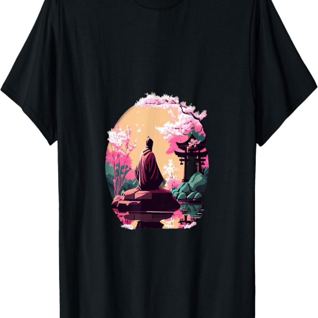 Monk meditating in garden shrine Cherry blossoms T-Shirt