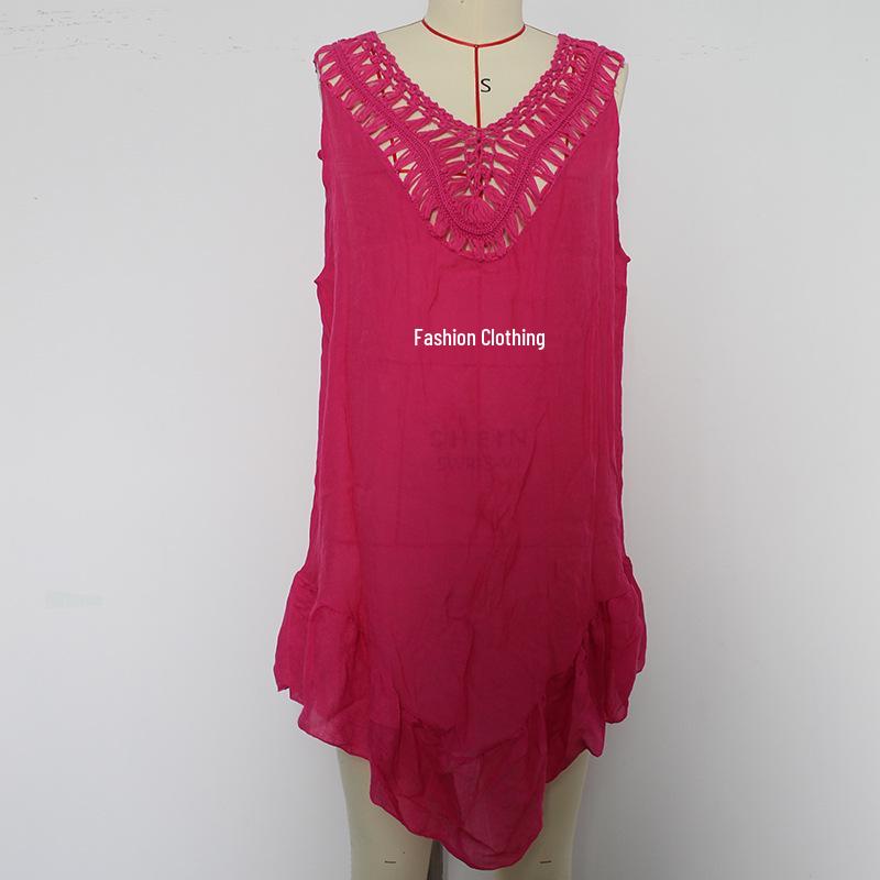 Colorful Ruffle V-Neck Crocheted Patchwork Bikini Cover-Up Skirt