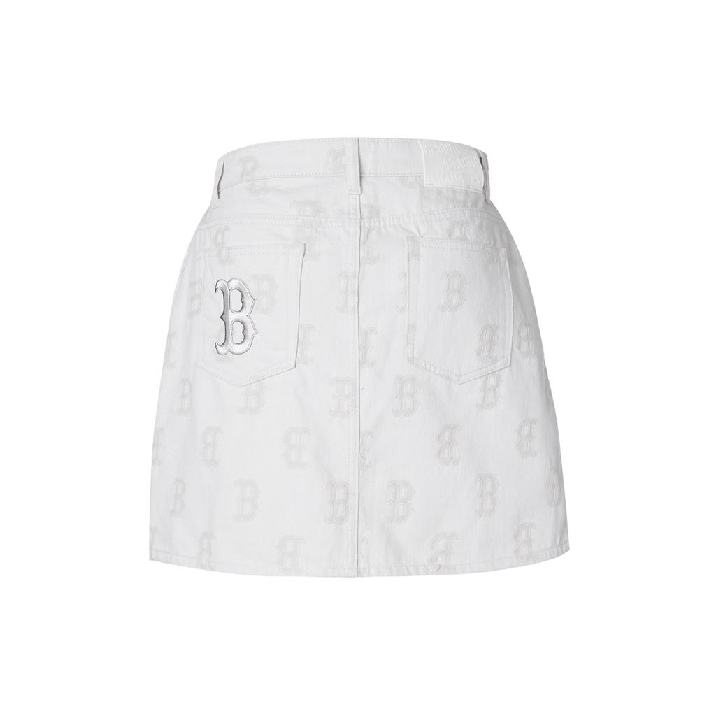 MLB Boston Red Sox Letter Jacquard Straight-Leg Button Half Denim Skirt Women skirts Cream 3FDSM0133-43CRS