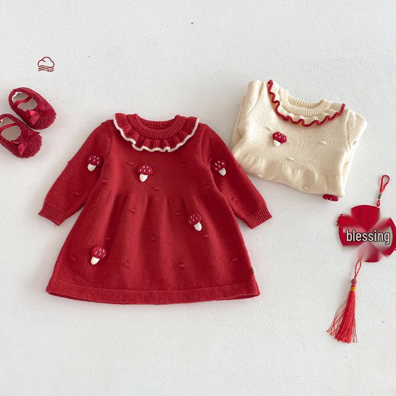 2025 Winter Baby Girls' 3D Mushroom Knit Dress – Chinese New Year & 1st Birthday Outfit