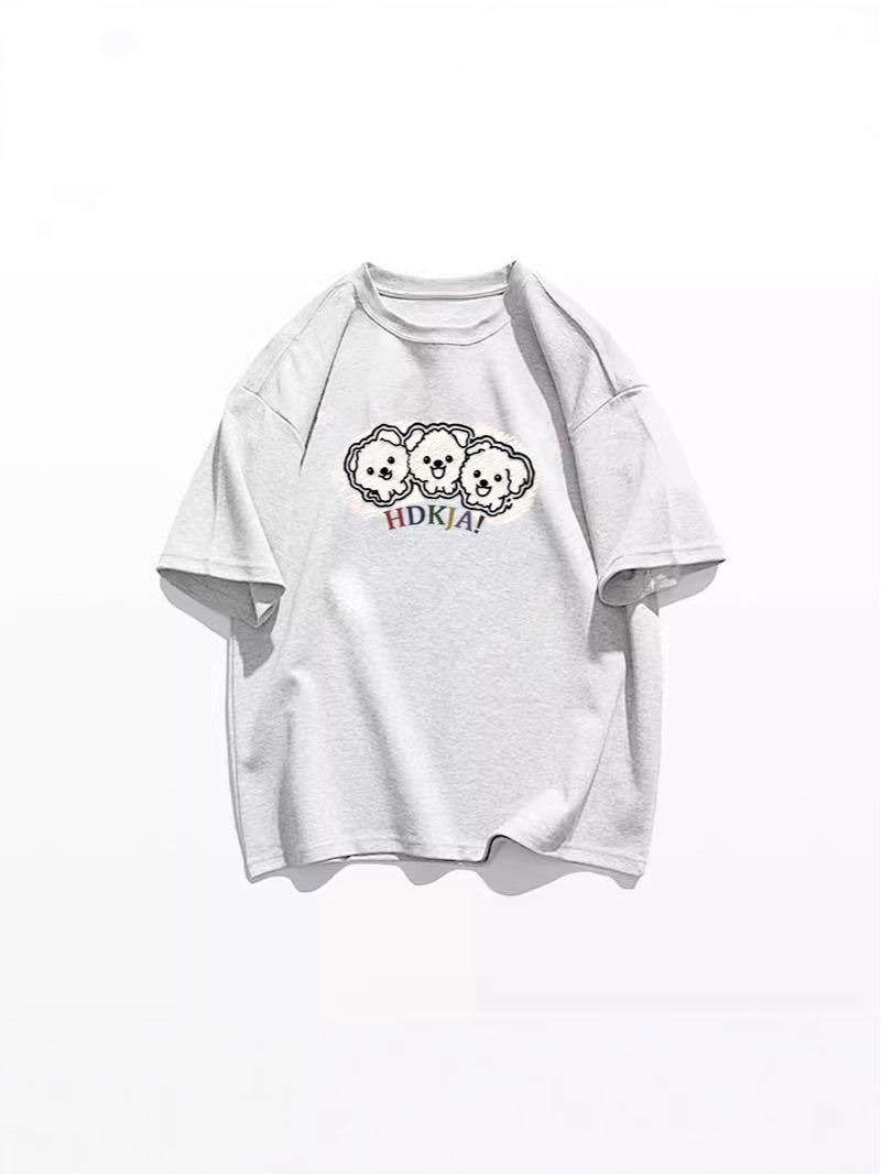 

Plus Size 2025 Summer Petite Women s Cute Puppy Cotton Loose Top, Short-Sleeved Round Neck L сірий колір/квітковий