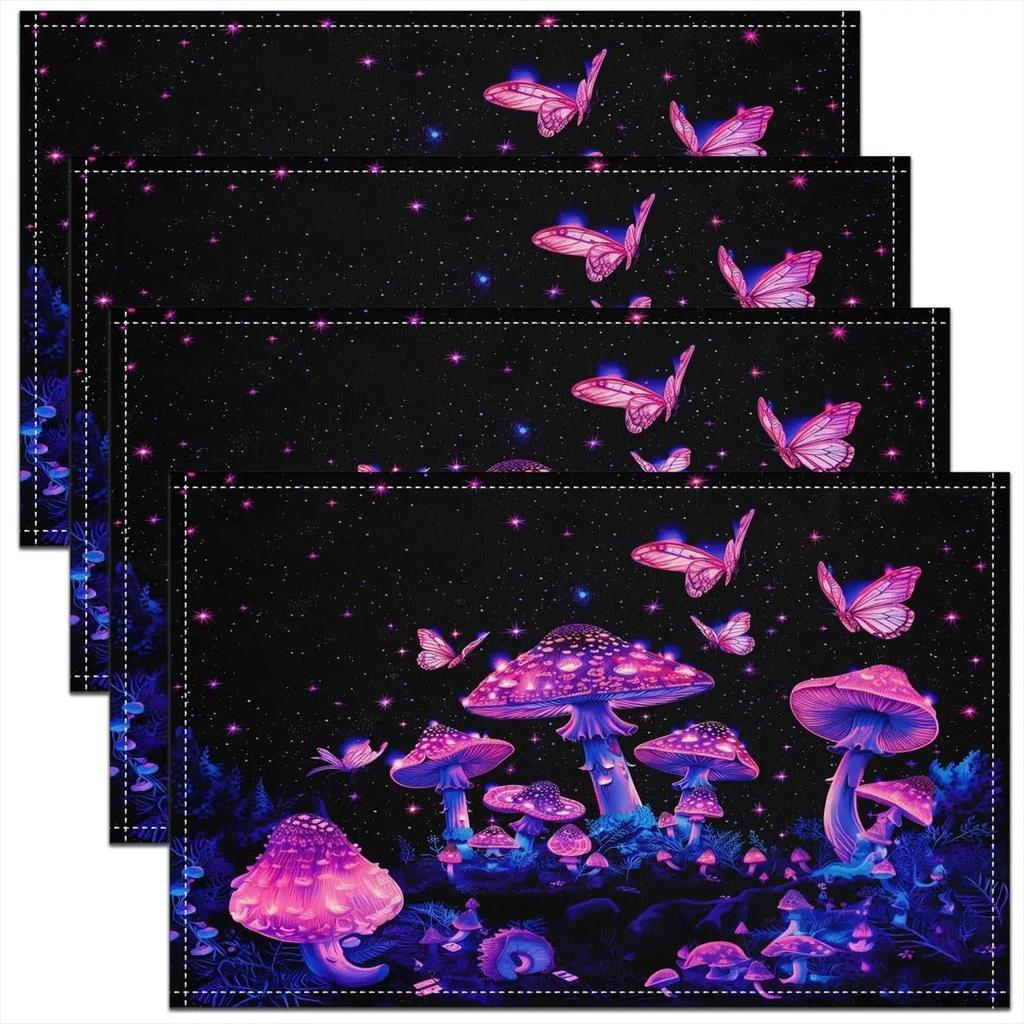1PC Mushroom Decor Table Place Mats Longleg Mushroom Dragonfly Placemat for Kitchen Dining Table Decor