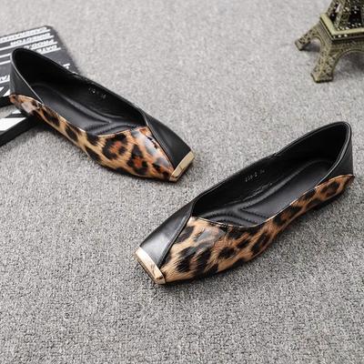 New Popular Shallow Soft Sole Leather Sandals Shoes Women's Flats Square Metal Head Personality Leopard Print Mary Jane Ballet