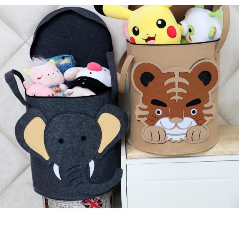 Felt Toy Storage Bucket with Lid, Cartoon Animal Dirty Clothes Basket, Portable Dustproof Laundry Bag