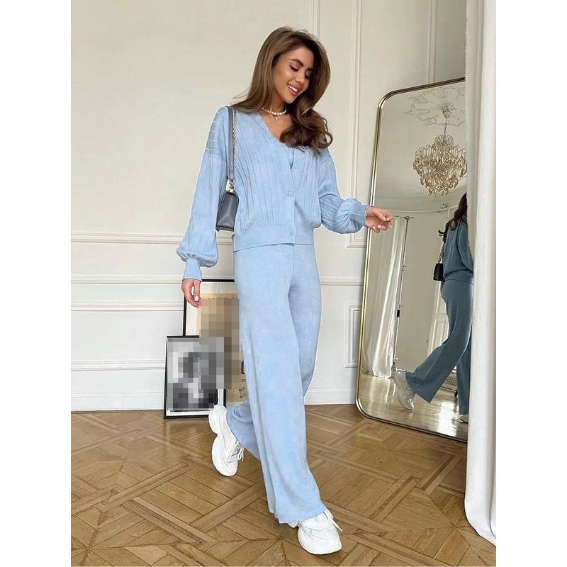 

Women Solid Color Casual Suit European and American Women Three-Piece Set Solid Sweater Cardigan Set Light Blue One size
