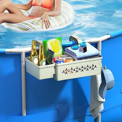Pool Storage Basket for Above Ground Pools Poolside Storage Organizer with Cup Holder Hook Pool Accessories Holder Fits for Most Frame Pools