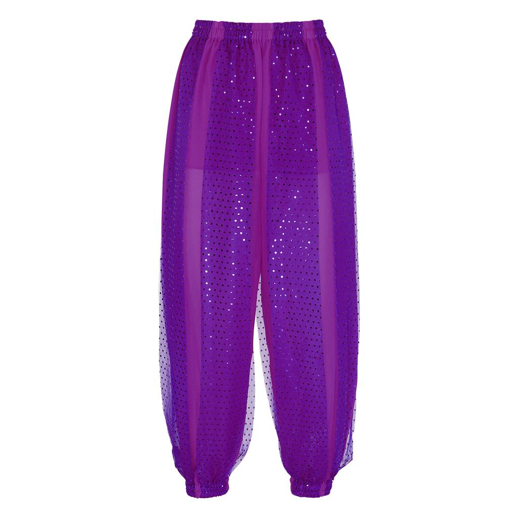 Womens Semi Sheer Chiffon Pants Sequined Dot Design Elastic Waist Belly Dance Performance Trousers