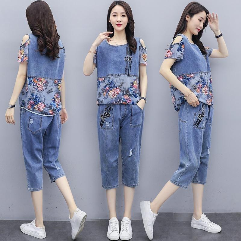 Women's Summer Plus Size Slimming Denim Suit Design, Round Neck Short Sleeved Top+cropped Pants Two-piece Set