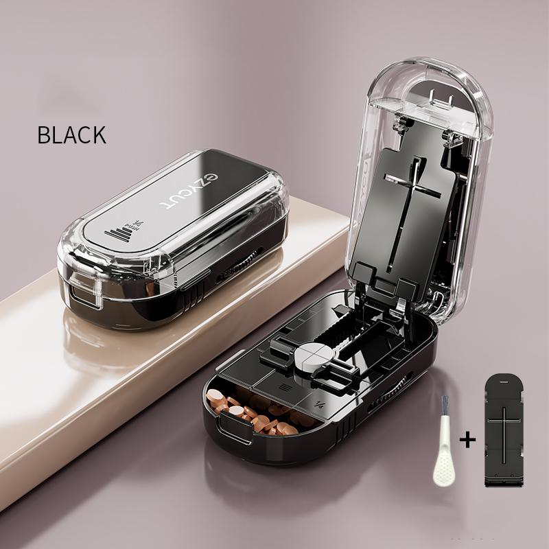 2 In 1 Pill Cutter Storage Box With Replacement Blade & Cleaning Brush Portable  Compartments Travel Small Health Care Pill Case