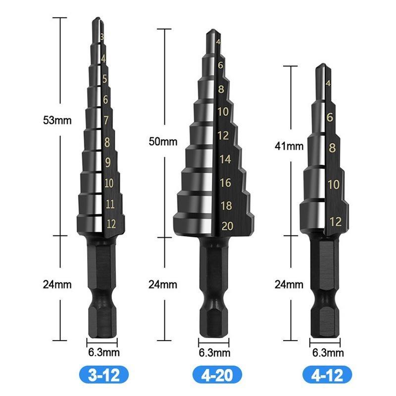 3Pcs Hexagonal Handle Nitrided Black Straight Groove Ladder Drill 3-12 4-12 4-20 High-speed Steel Pagoda Drills Hole Opener Set