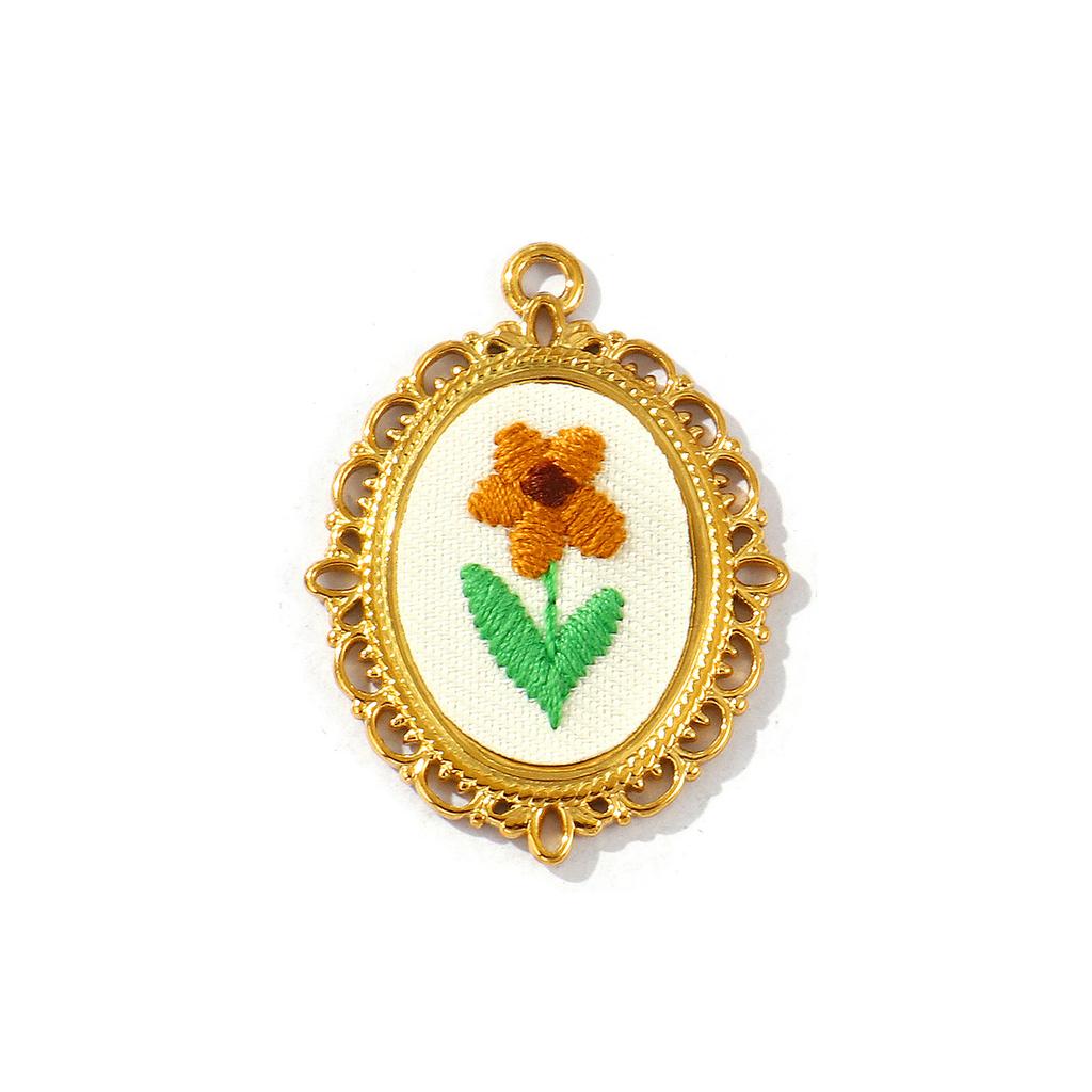 2 Pcs Oval Flower Leaf Embroidered Charms Multicolor 304 Stainless Steel Charms 18K Gold Plated Pendants For DIY Necklace Making