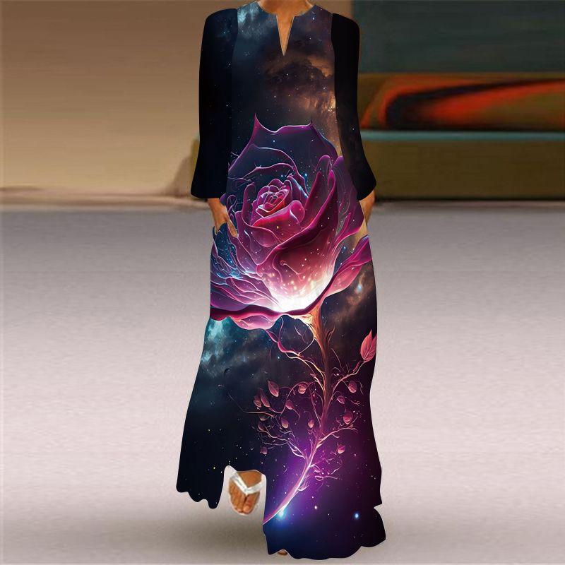 Long Sleeve Dress Classical Beauty Pattern Print Dress Stage Show Performance Wear Travel Photography Clothes