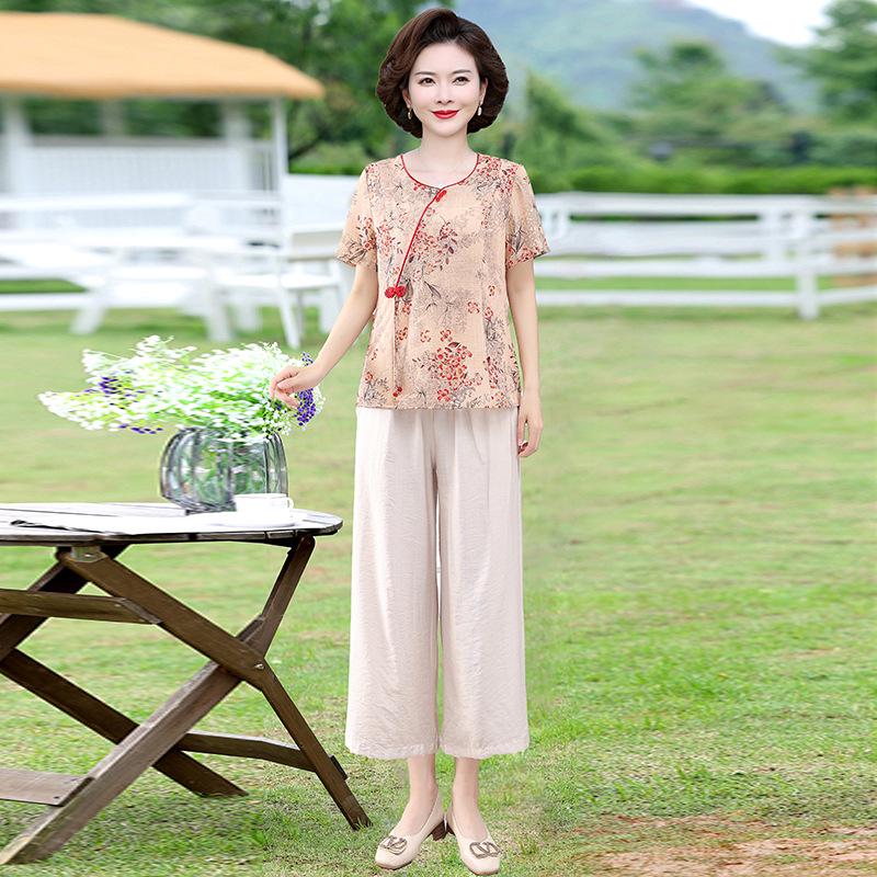 Moda de vară 2025: Set tricou cu mânecă scurtă și bluză cu imprimeu elegant pentru femei de vârstă mijlocie și vârstnice