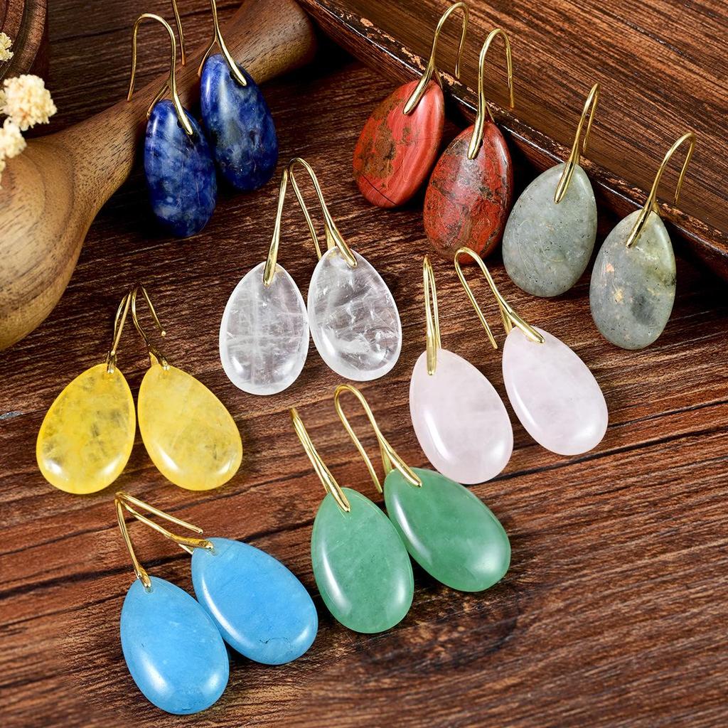 Natural Stone Water Drop Earrings for Women - Citrine and Lapis Lazuli Dangles, Stylish European and American Design, In Stock.