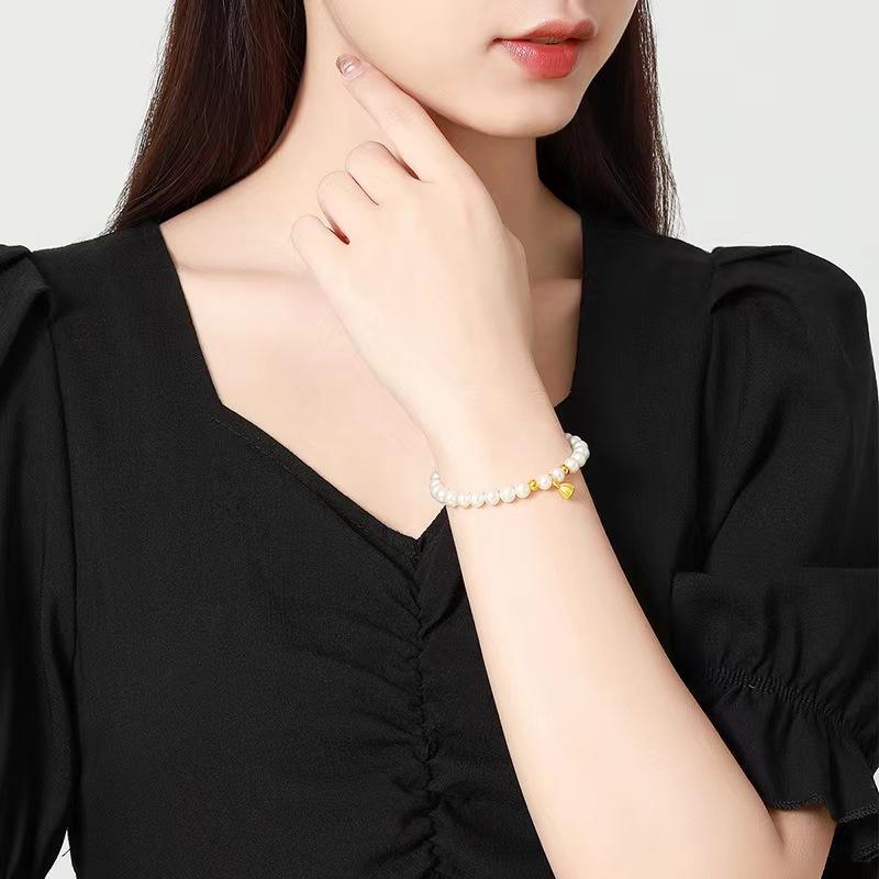 Children's Pearl & Lotus Pod Elastic Bracelet with Gold Beads