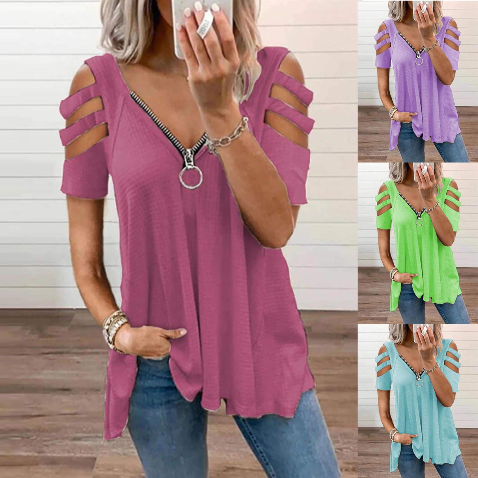 

Women Casual Fashion Solid Zipper V-Neck Short Sleeve Tank Top T-shirt Blouse