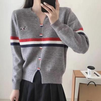 V-Neck Striped Puppy Embroidered Long Sleeve Knit Sweater