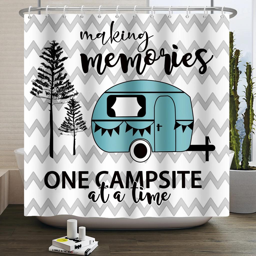Camper Shower Curtain Happy Camper Trailer Car Rv Forest Mountain Tent Camping Bathroom Shower Curtain Waterproof Bath Curtain