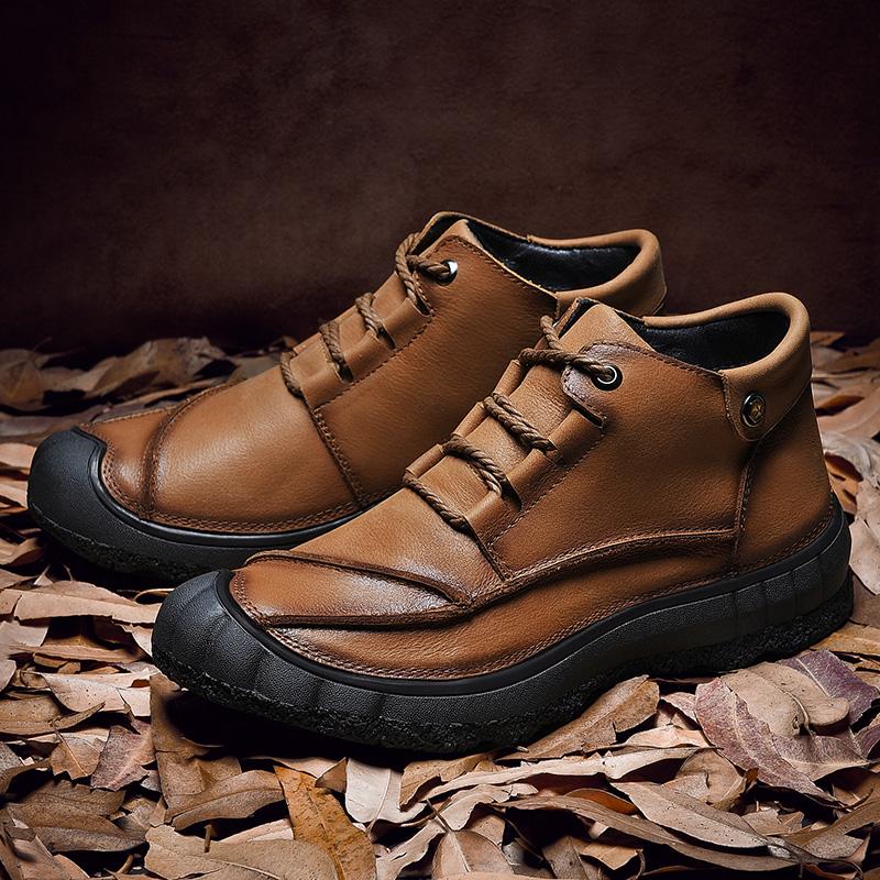 Men'S Casual Shoes Retro Winter Plush Ankle Boots Lace-Up Genuine Leather Outdoor Men'S Boots High Quality Antiskid Cowboy Botas