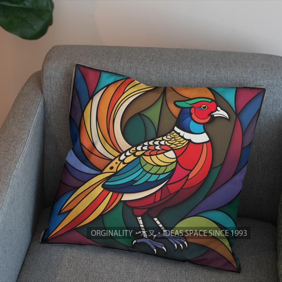 2D Stained Glass Pheasant-Patterned Decorative Pillow Pattern Cushion Cover Suitable For Sofa Bedroom Car Pillow Cover