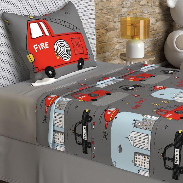 Parure de draps 180x290 cm POMPIERS gris, 100% coton 57 fils/cm2, par Soleil d'Ocre