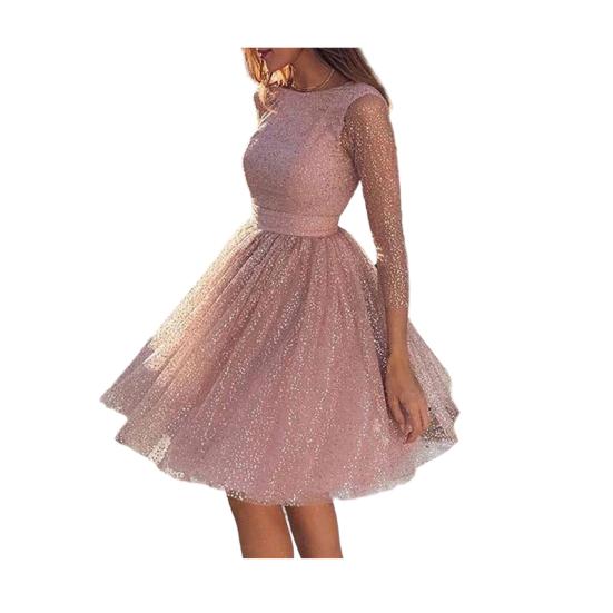 Glitter Starry Tulle Prom Dress For Women Long Sleeve Crew Neck Formal
