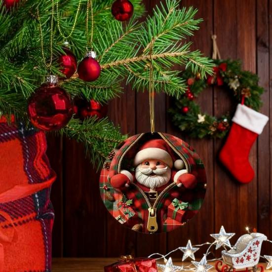 Vánoční ozdoby Santa Claus/Sobi/Tučňák/Perníkový muž v červeném kostkovaném designu na zip Kulaté 2D akrylové ozdoby na sváteční strom