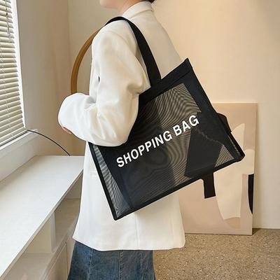 Single Shoulder Transparent Mesh Shopping Bag Black Travel Storarge Bag  Girl