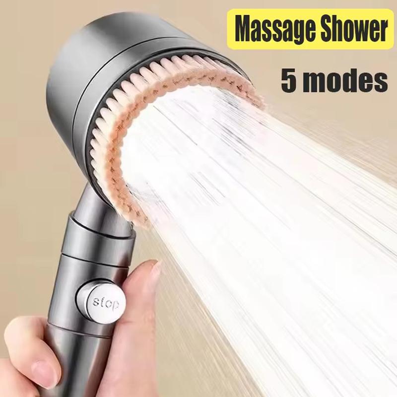 5 Modes High Pressure Shower Head with Massage Brush Large Flow One-key Stop Massage Filter Portable Shower Bathroom Accessories