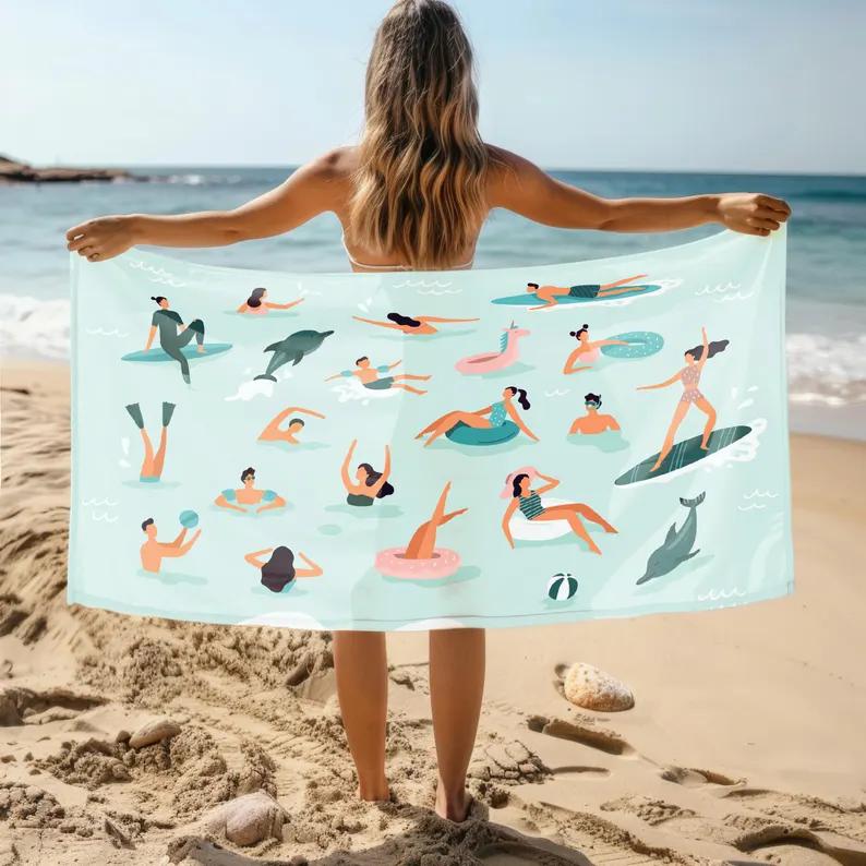 Cartoon Summer Beach People Print Beach Towel Illustration Quick Dry Sand-Free Lightweight Absorbent Beach Blanket for Swimming