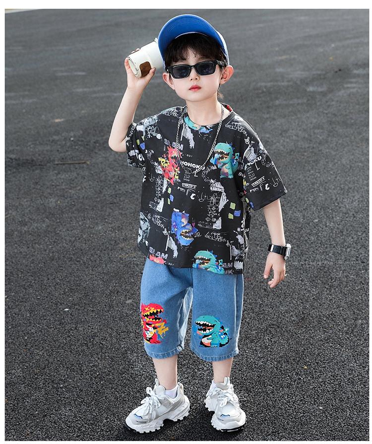 Boys' Summer Set 2026 New Style Rascal Trendy Children's Dinosaur Short sleeved T-shirt Men's Treasure Summer Half sleeved Clothes