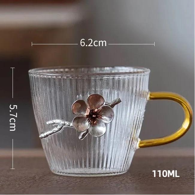 Handgefertigte Teekanne aus hitzebeständigem Glas im chinesischen Stil mit Pflaumenblütendesign – Hitzebeständiger Blumen-Teekessel mit Henkel
