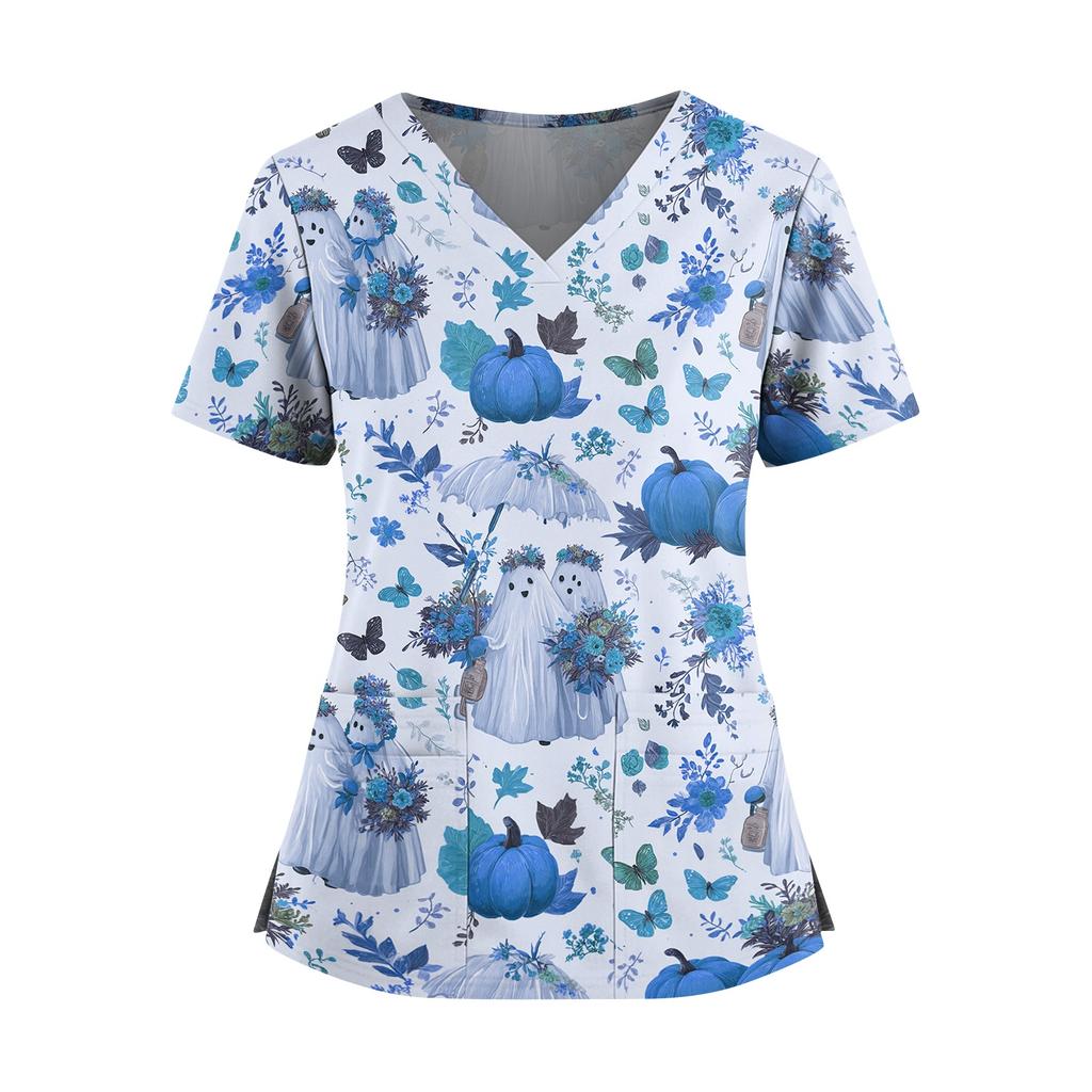 Women V Neck Short Sleeve Split Hem Halloween Print Scrub Top with Dual Pockets for Nurse and Caregiver Uniform