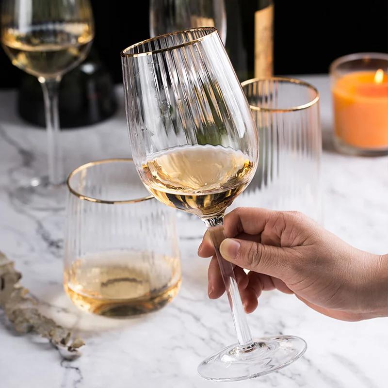 Golden Edge Vertical Striped Wine Glass Wedding Crystal Glass Goblet Champagne Glasses Transparent Vodka Whiskey Cup Beer Glass