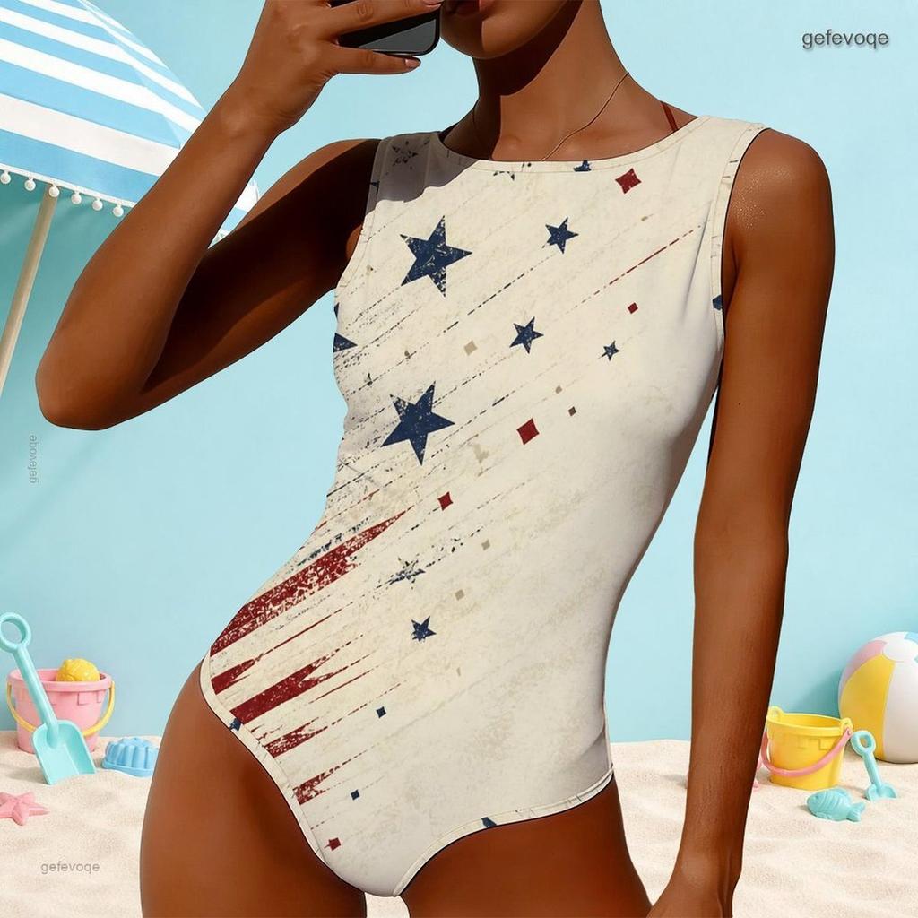 Women Plus Size High Round Neck Sleeveless One Piece Star Moon Printed Swimsuit