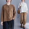 Camicie da donna in cotone e lino, Top a maniche lunghe chic di nicchia, Bottoni a disco da donna, Camicie larghe letterarie retrò