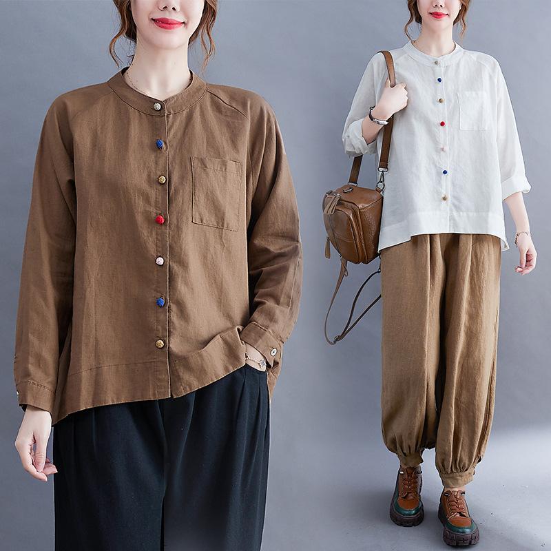 Camicie da donna in cotone e lino, Top a maniche lunghe chic di nicchia, Bottoni a disco da donna, Camicie larghe letterarie retrò