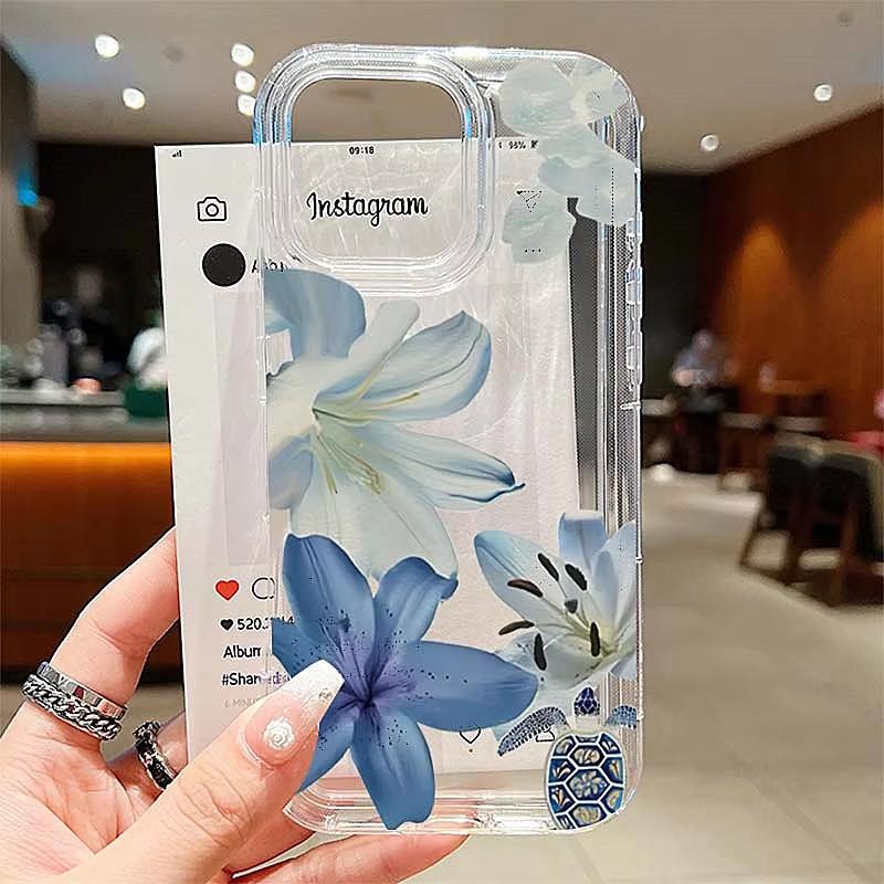 Elegant Blue Lily Pattern Phone Case For iPhone 17 Pro Max 16 15 Pro 14 13 12 11 XR XS 17Air 16 Plus 16E Clear Bumper Cover