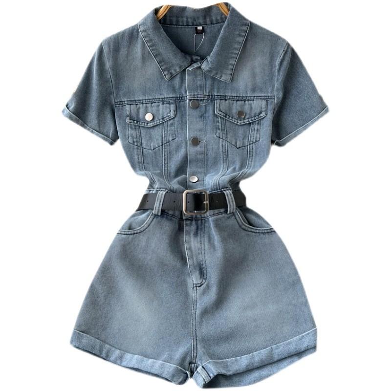 Women's Workwear One-piece Denim Suit, Stylish And Elegant High-waist Wide-leg Shorts