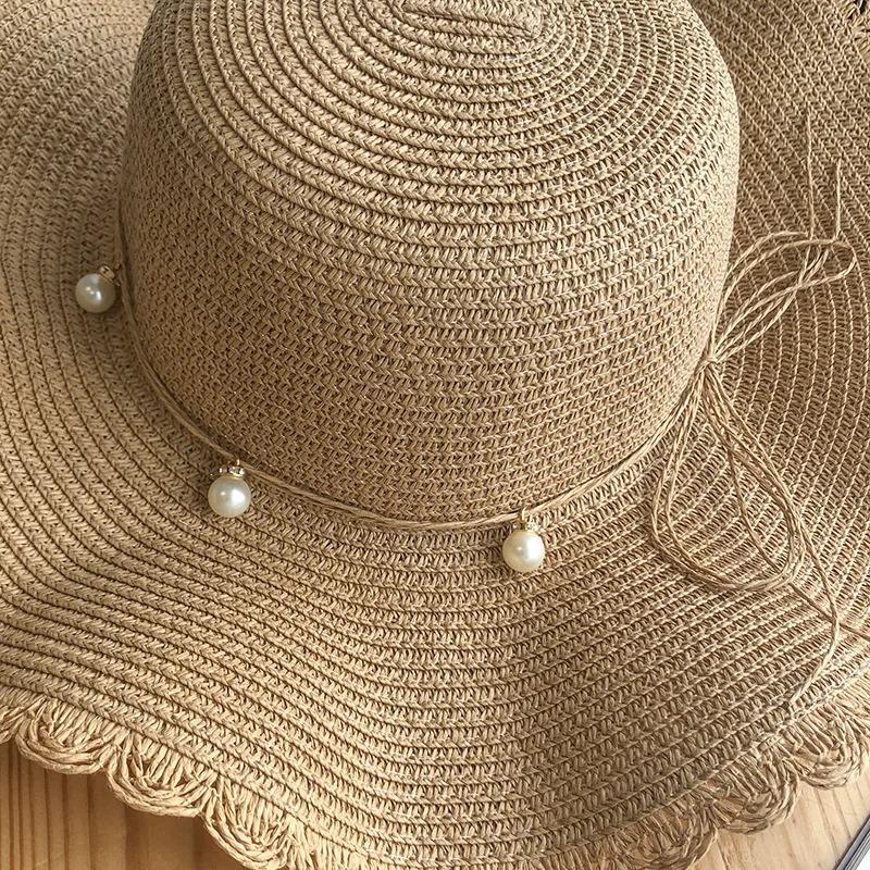 Korean Style Pearl Wide Brim Straw Hat Women Wave Brim Sun Hat For Beach Outdoor